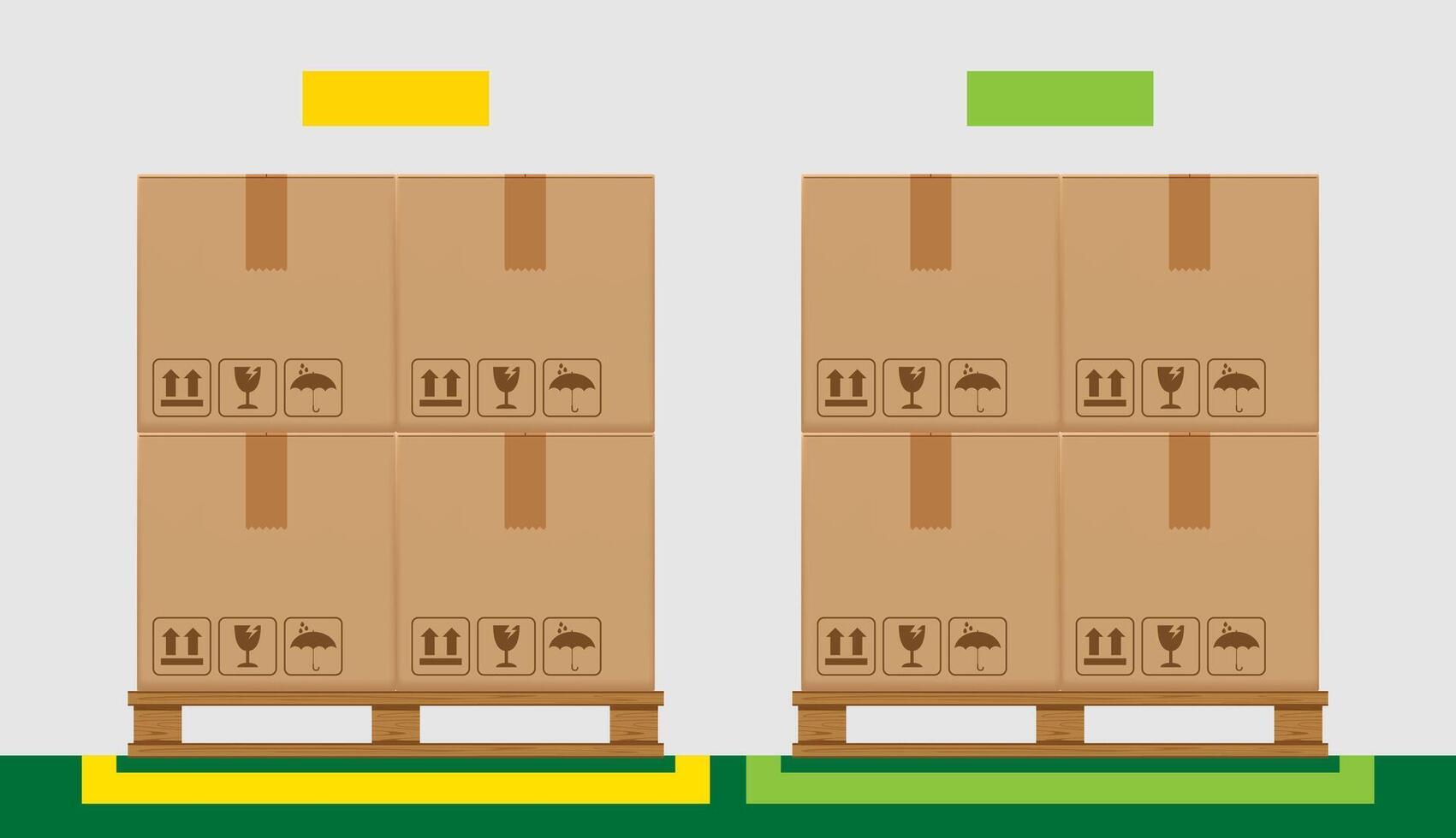 crate boxes on wooded pallet and green marking area for products arrangement concept, stack cardboard box in factory warehouse storage, cardboard parcel boxes packaging cargo brown vector