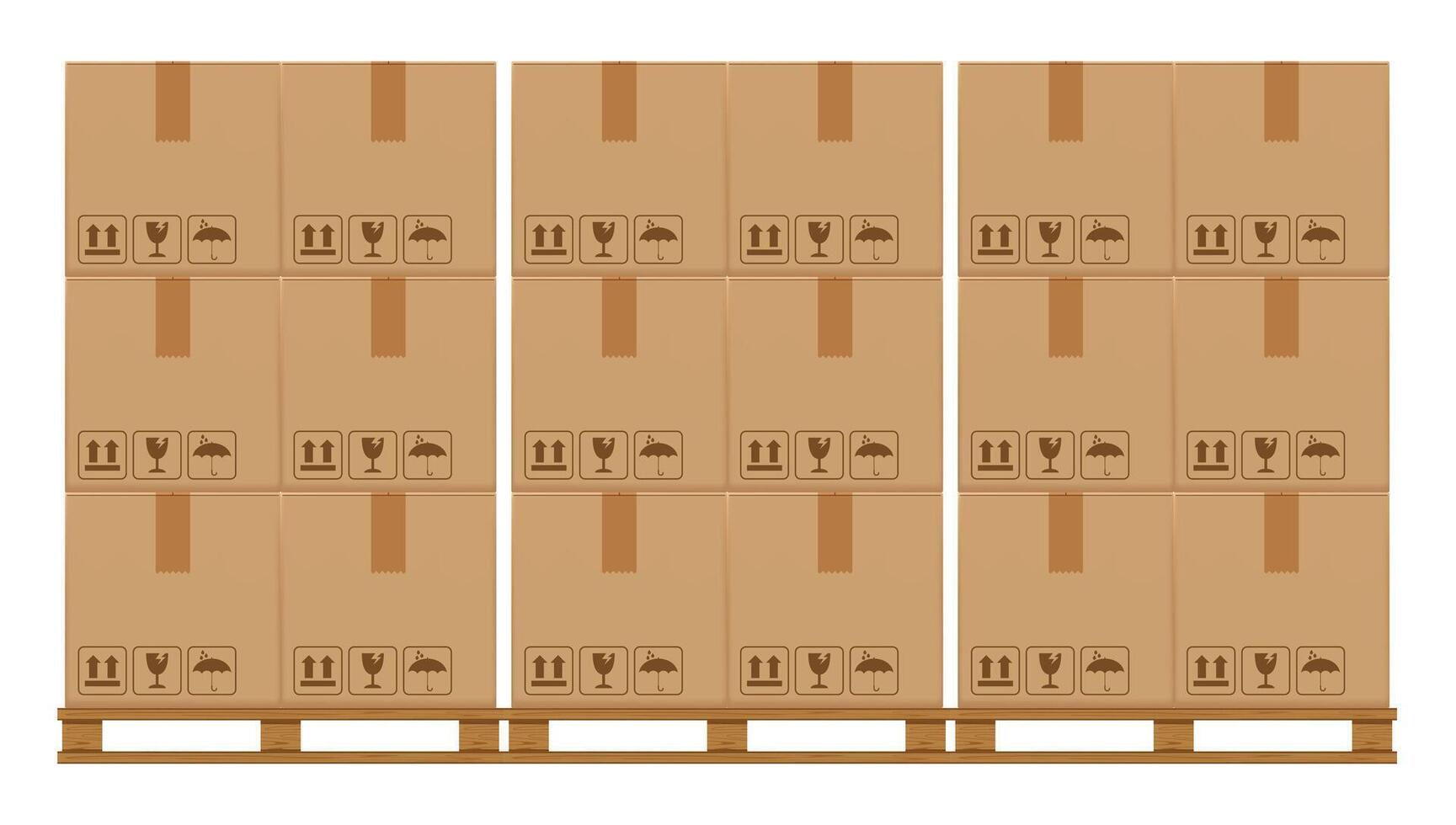 crate boxes on wooded pallet, wood pallet with cardboard box in factory warehouse storage, flat style warehouse cardboard parcel boxes stack, packaging cargo, 3d boxes brown isolated on a white vector