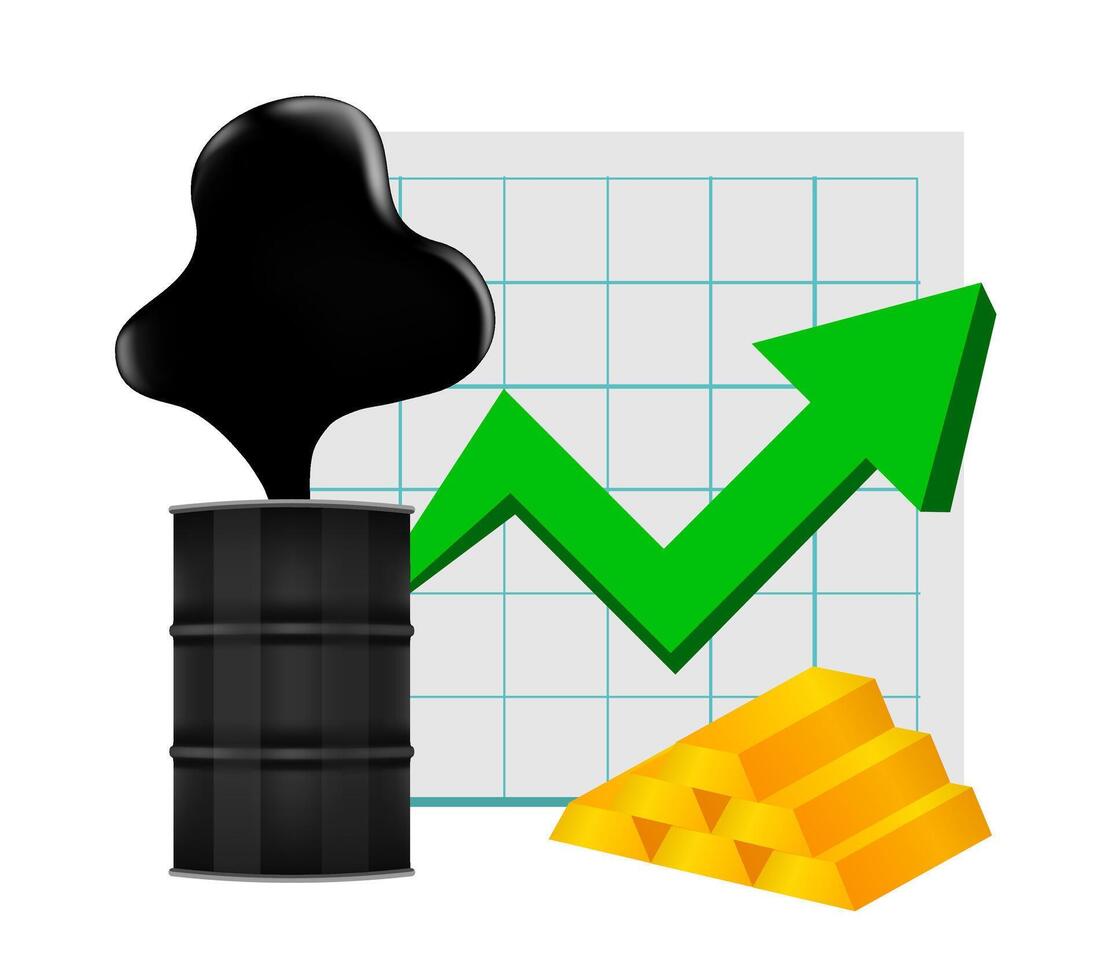 crude oil with pointing up graph and gold bar symbol green arrow isolated white background, black metal barrel and crude oil drop and spill, icon of crude oil price rise petroleum oil industry concept vector
