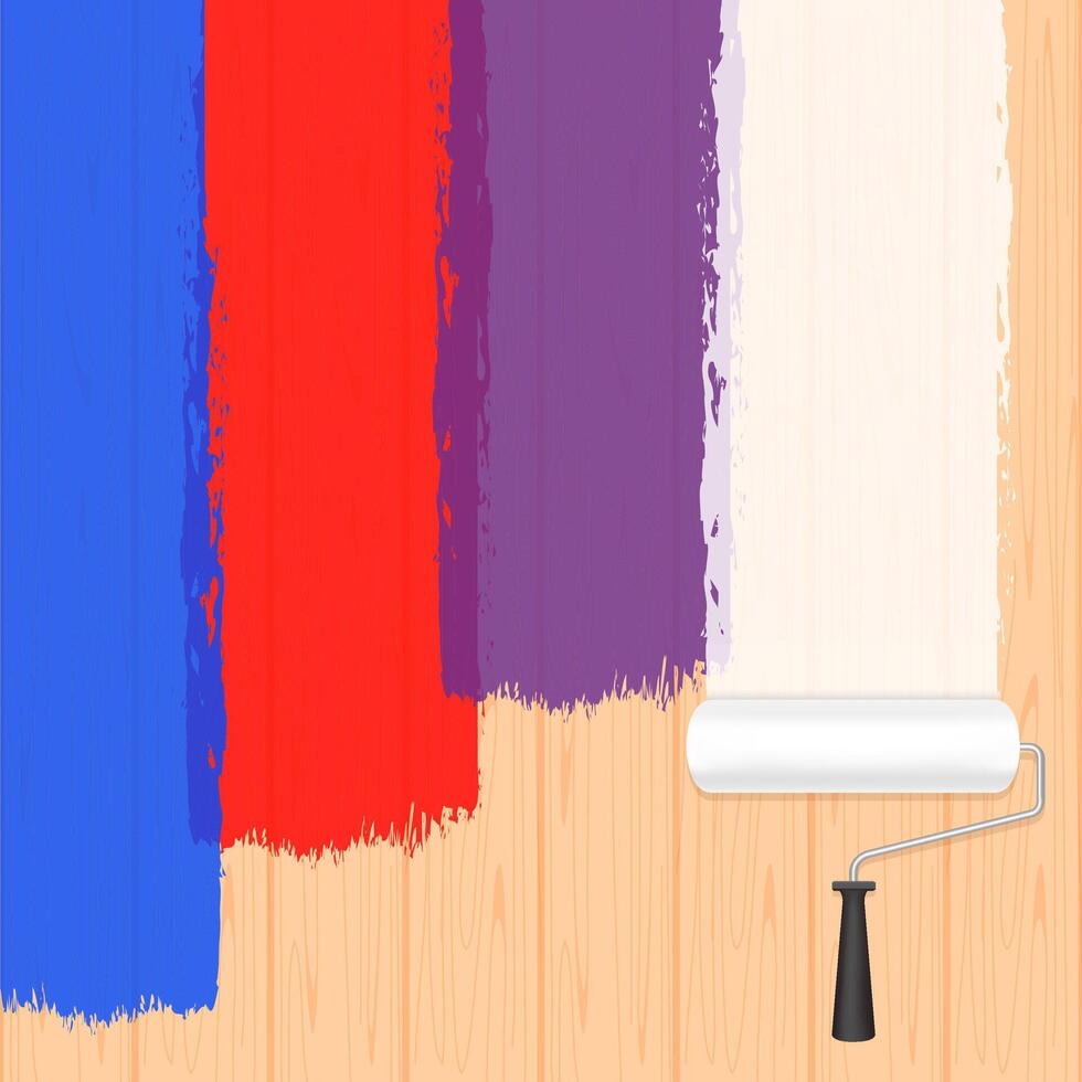 paint roller colors on wooden wall for banner background and a copy space text advertising, paint brush roller painted colorful on wood banner frame, wood area ad and paint brush roller colorful vector