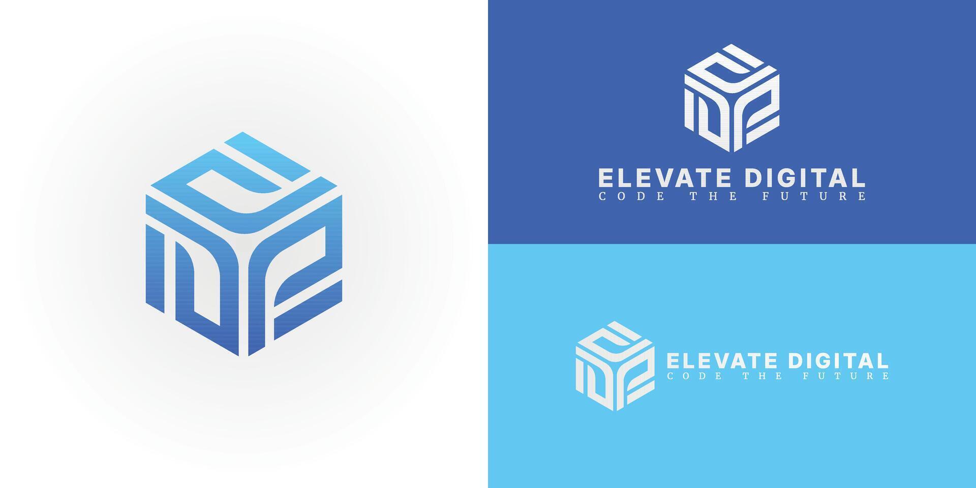 The modern logo features a stylized cube with the initials ED, representing the company name. The three dimensional design symbolizes depth, innovation, and technical precision core values vector