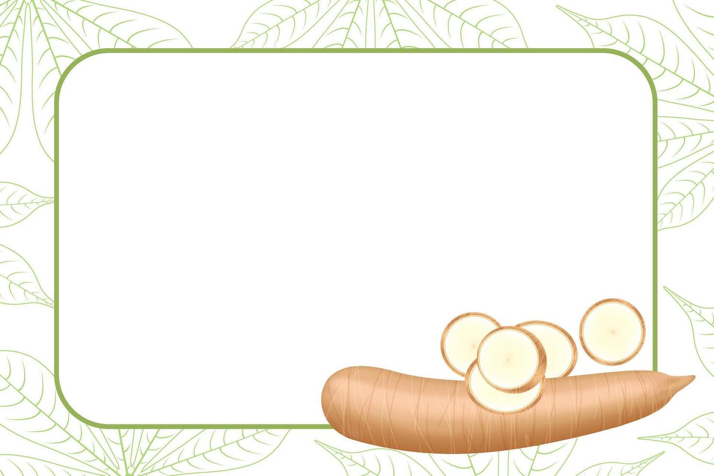 banner frame of a cassava nature, copy space, cassava cut slice for tapioca flour industry or ethanol, pile yucca cassava tuber on frame, raw manioc cassava on a template banner empty vector