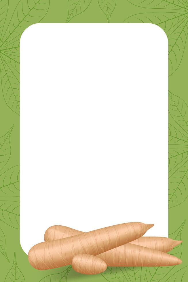 banner frame of cassava fresh, copy space, cassava cut slice for tapioca flour industry or ethanol, pile yucca cassava tuber on frame, raw manioc cassava on a template banner blank vector