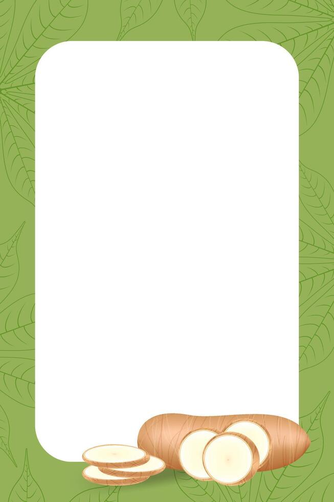 banner frame of cassava fresh for copy space, cassava cut slice for tapioca flour industry or ethanol, pile yucca cassava tuber on banner frame vector