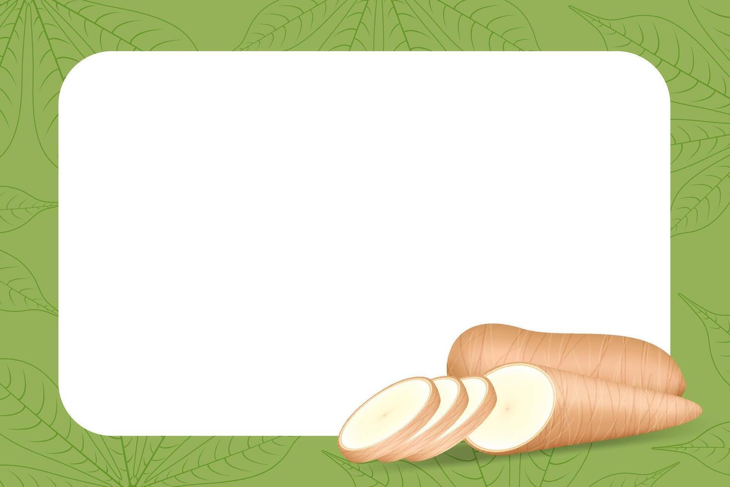 banner frame of cassava fresh for copy space, cassava cut slice for tapioca flour industry or ethanol, pile yucca cassava tuber on frame, raw manioc cassava on template banner green background empty vector