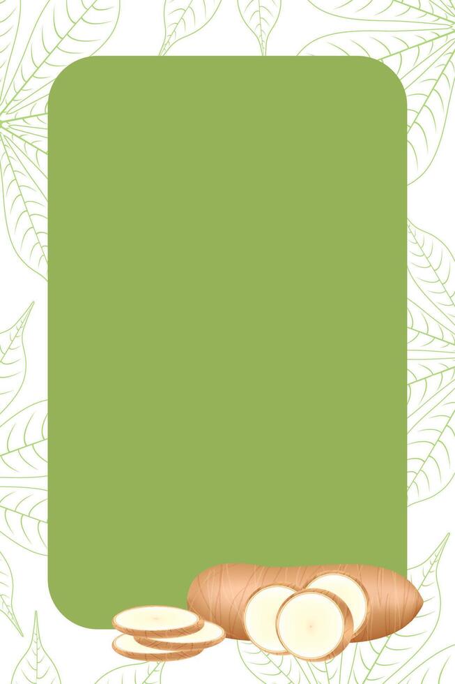 banner frame of cassava nature, copy space, cassava cut slice for tapioca flour industry or ethanol, pile yucca cassava tuber on banner frame vector