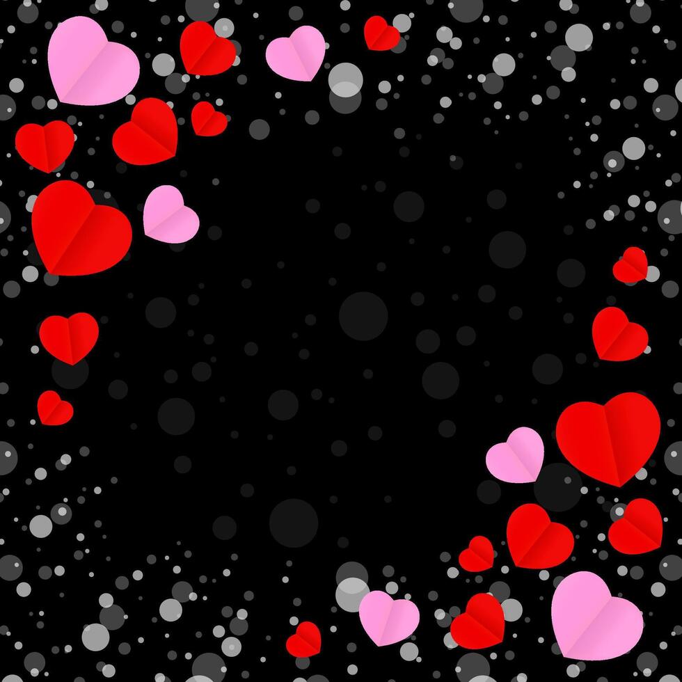 square black frame and red pink heart shape for template banner valentines card black background, many hearts shape on black for valentine backgrounds, image black with heart-shape decoration empty vector
