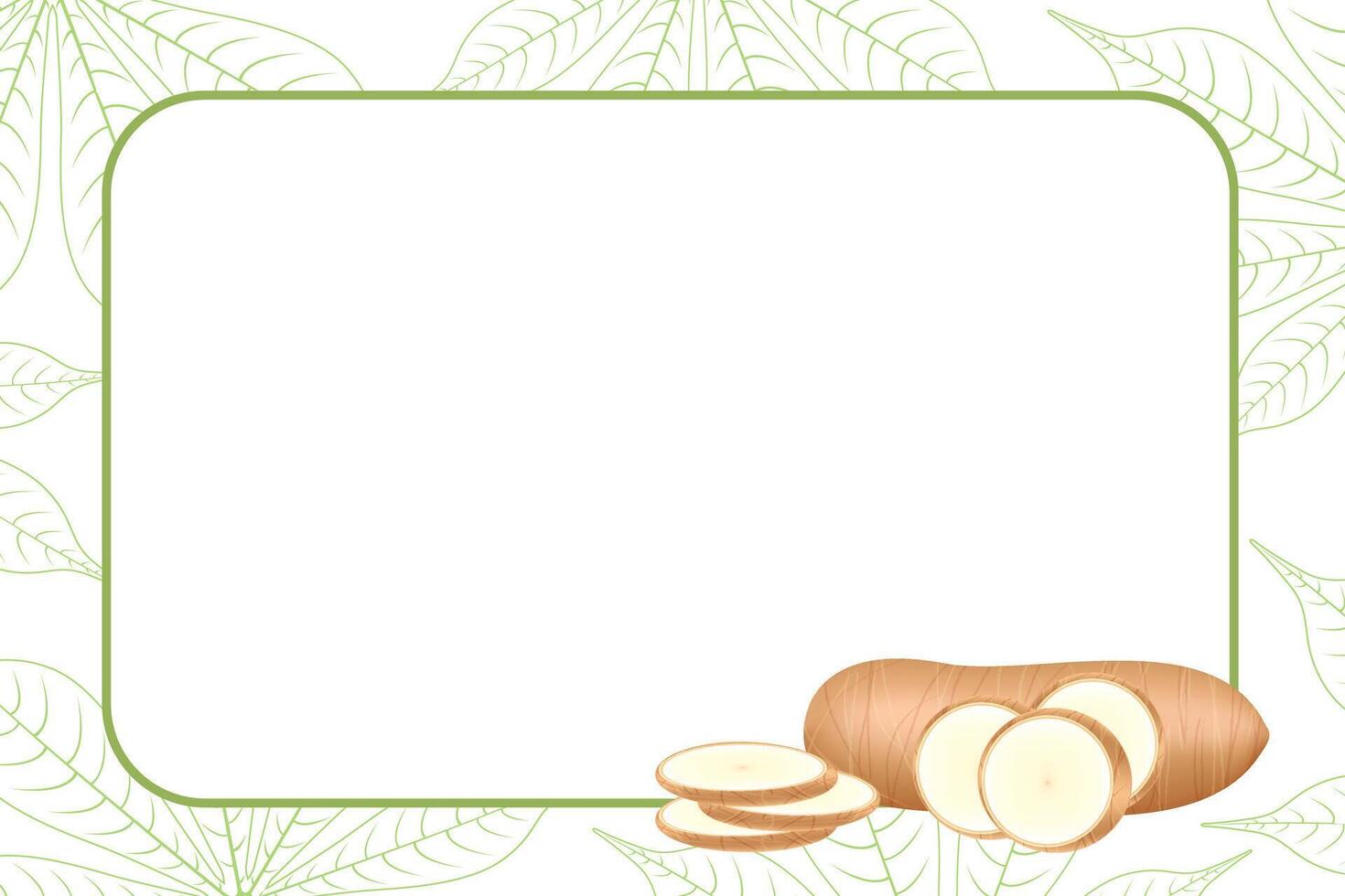 banner frame of cassava fresh, copy space, cassava cut slice for tapioca flour industry or ethanol, pile yucca cassava tuber on frame, raw manioc cassava on template banner empty vector