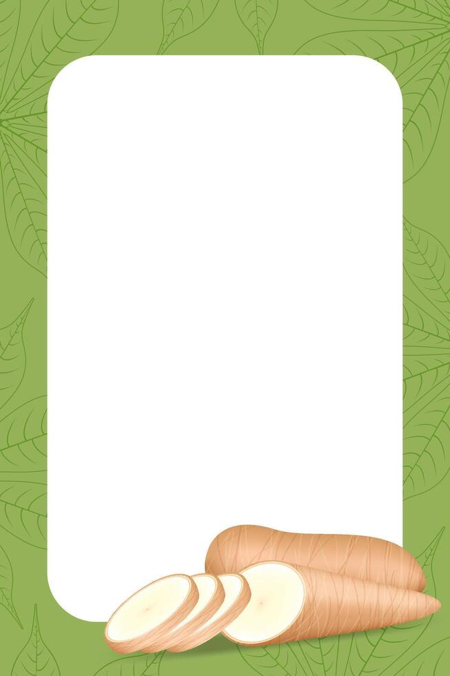 banner frame of cassava fresh for copy space, cassava cut slice for tapioca flour industry or ethanol, pile yucca cassava tuber on frame, raw manioc cassava on a template banner green background vector