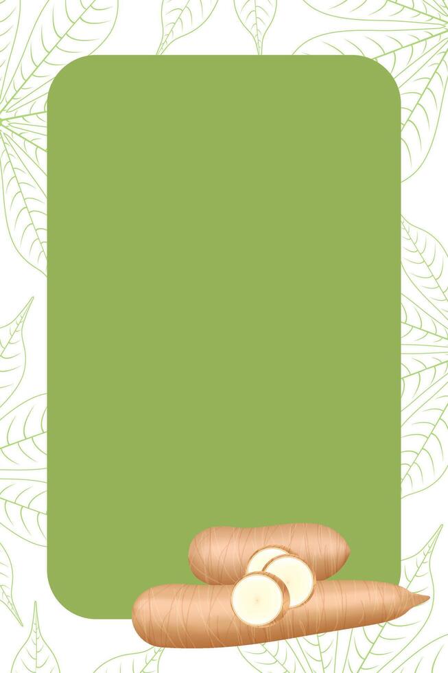 banner frame of cassava blank, copy space, cassava cut slice for tapioca flour industry or ethanol, pile yucca cassava tuber on banner frame vector