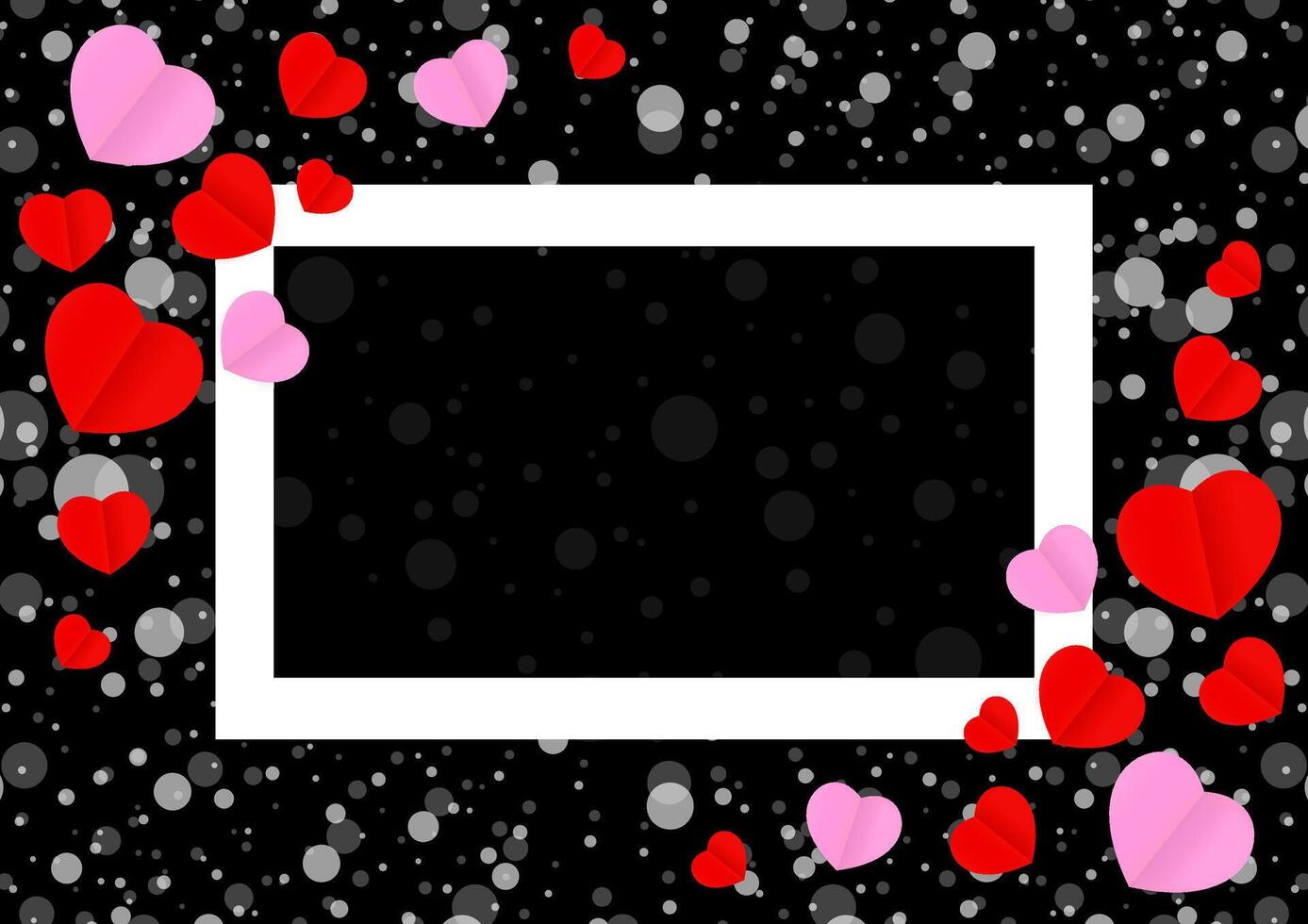 empty white frame and red pink heart shape for template banner valentines card black background, many hearts shape on black for valentine backgrounds, image black with heart shape decoration vector