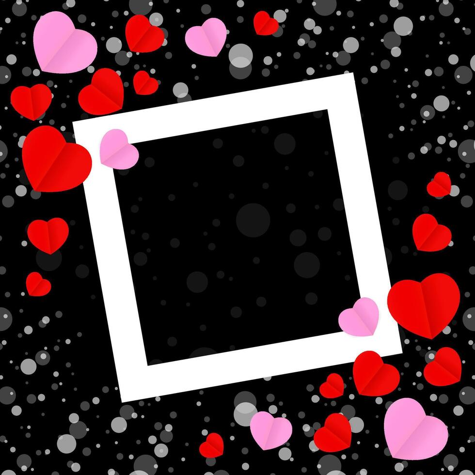 white frame and red pink heart shape for template banner valentines card black background, many hearts shape on black for valentine backgrounds, image black with heart shape decoration vector