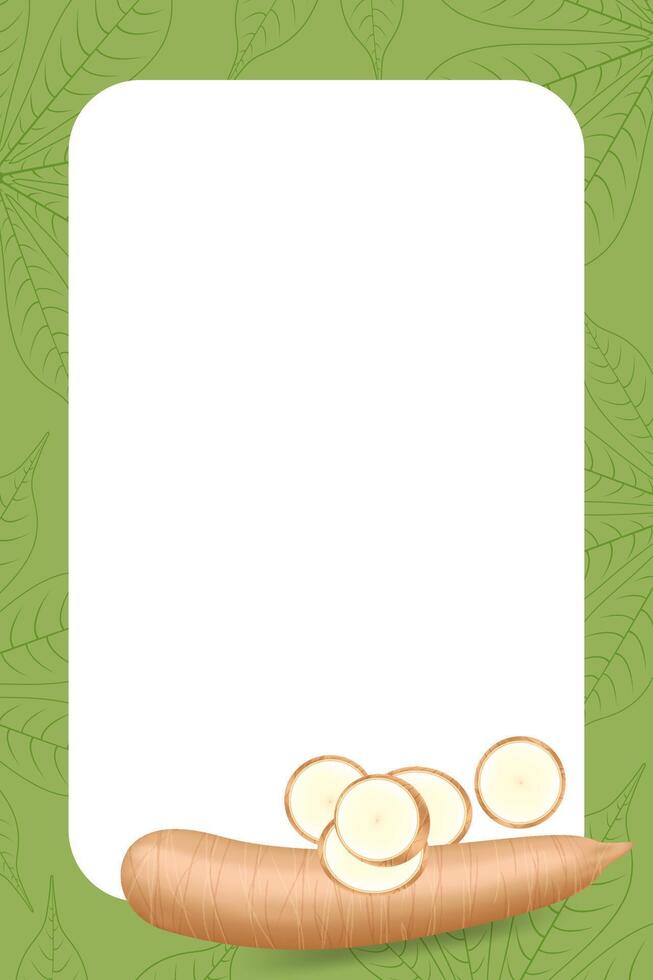 banner frame of cassava, copy space, cassava cut slice for tapioca flour industry or ethanol, pile yucca cassava tuber on frame, raw manioc cassava on template banner blank vector