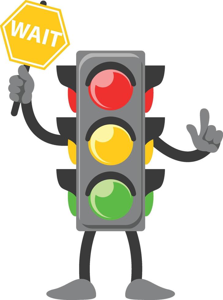 traffic light character yellow light pose holding a sign to wait vector