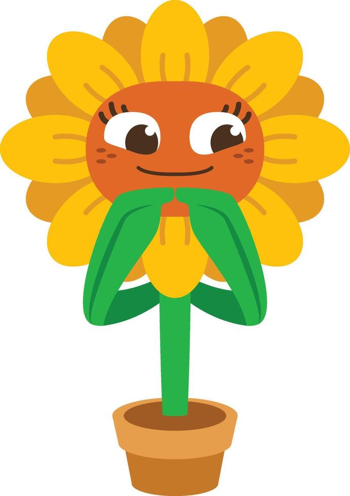sunflower cartoon character with shy pose playing with fingers vector