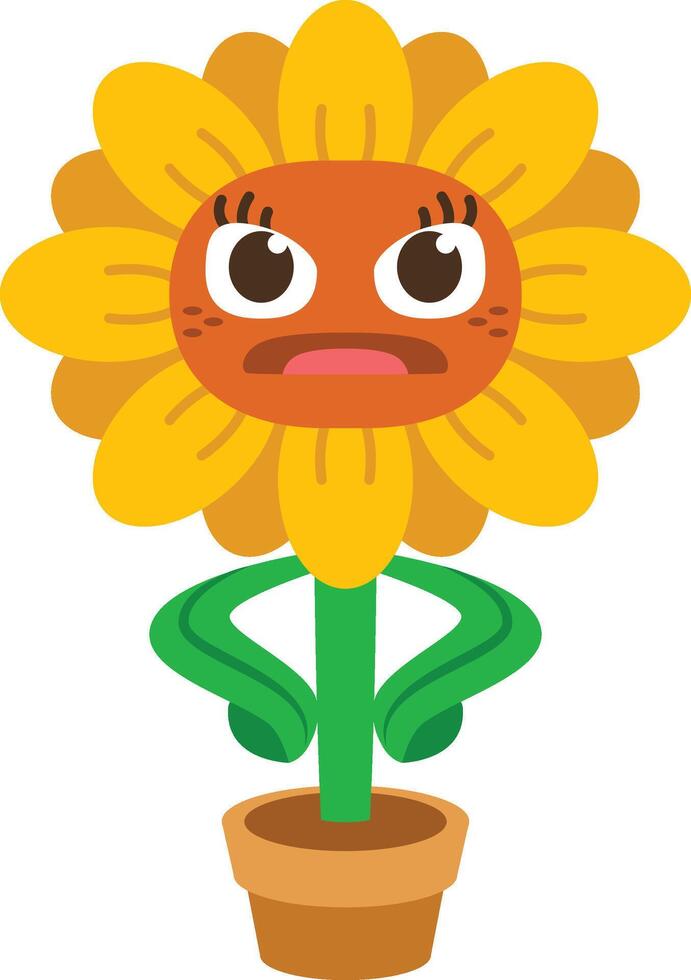 sunflower cartoon character is angry with both hands on the waist pose vector