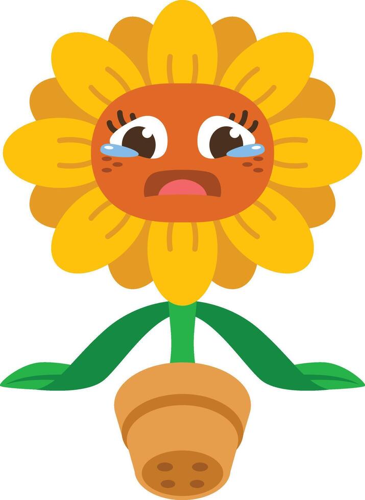 sunflower cartoon character is sad with both hands on the ground vector