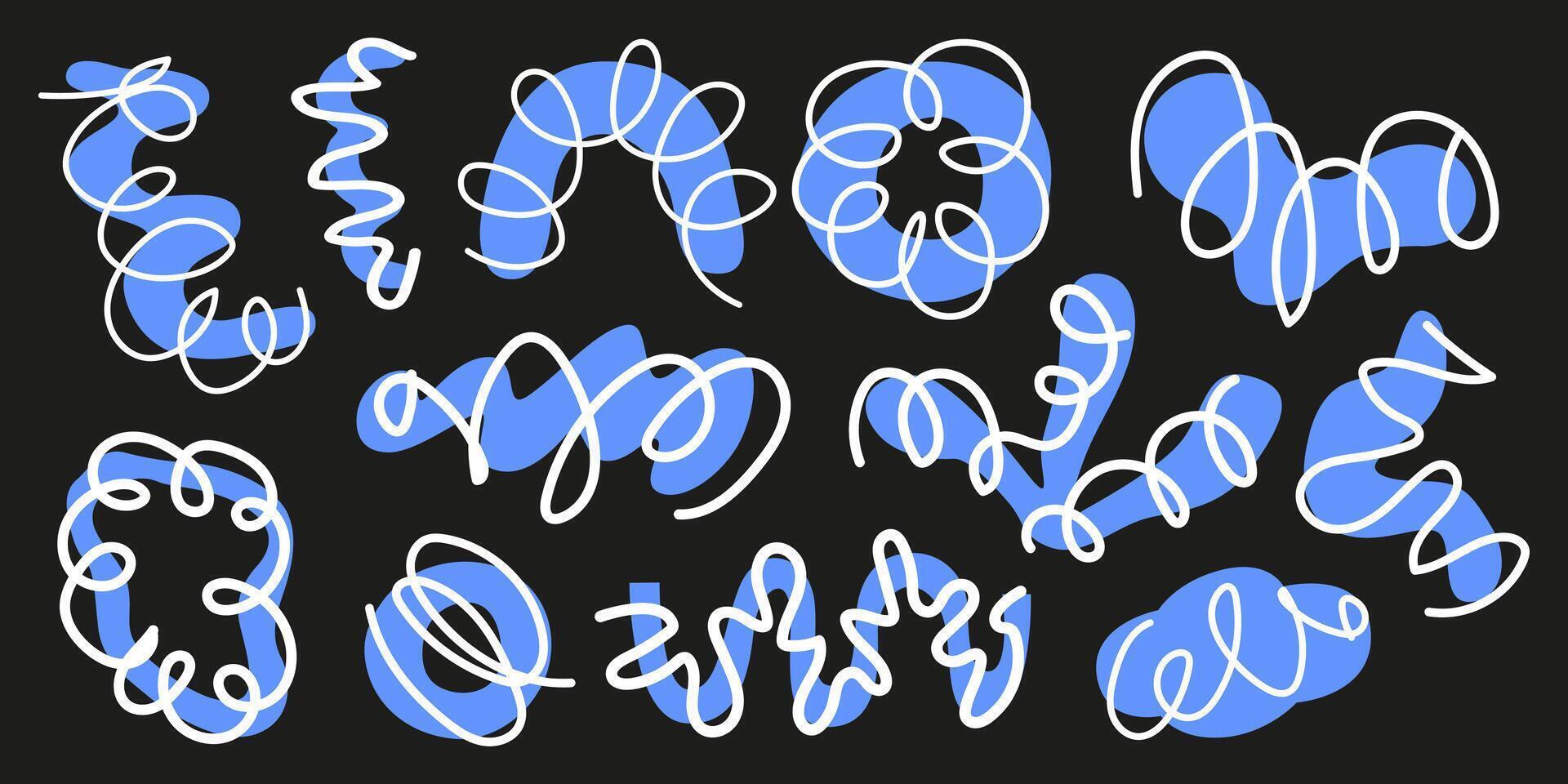 Set of trendy blue abstract shapes, doodle and scribble elements in freehand matisse art style. Contemporary modern trendy illustration. Random drawing, geometric art vector