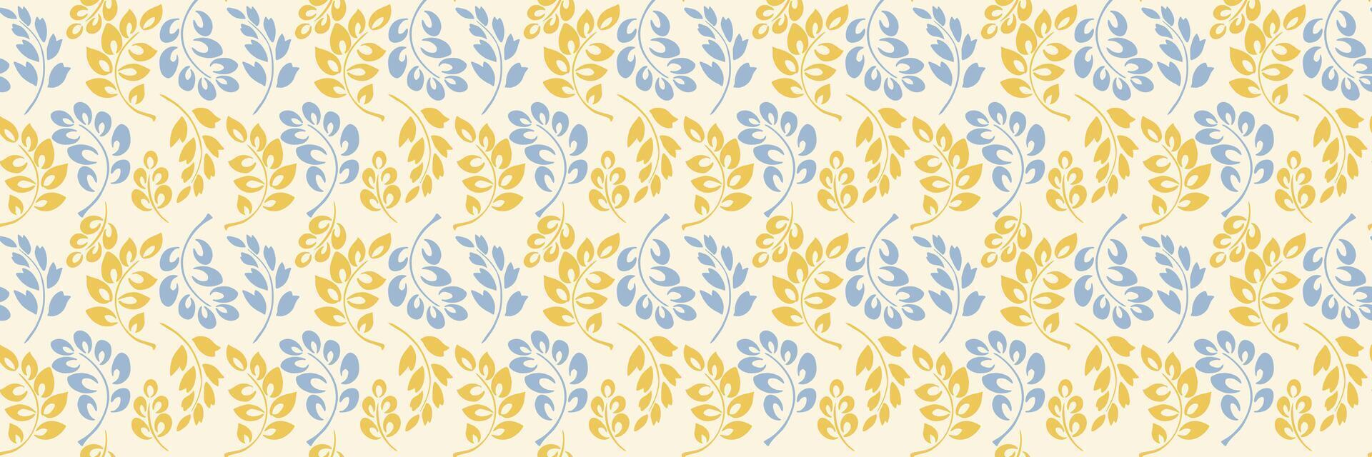 Seamless pattern featuring stylized botanical branches with abstract leaves in shades of blue and yellow on a light background. Simple ornament for textiles, wallpapers, packaging, branding vector