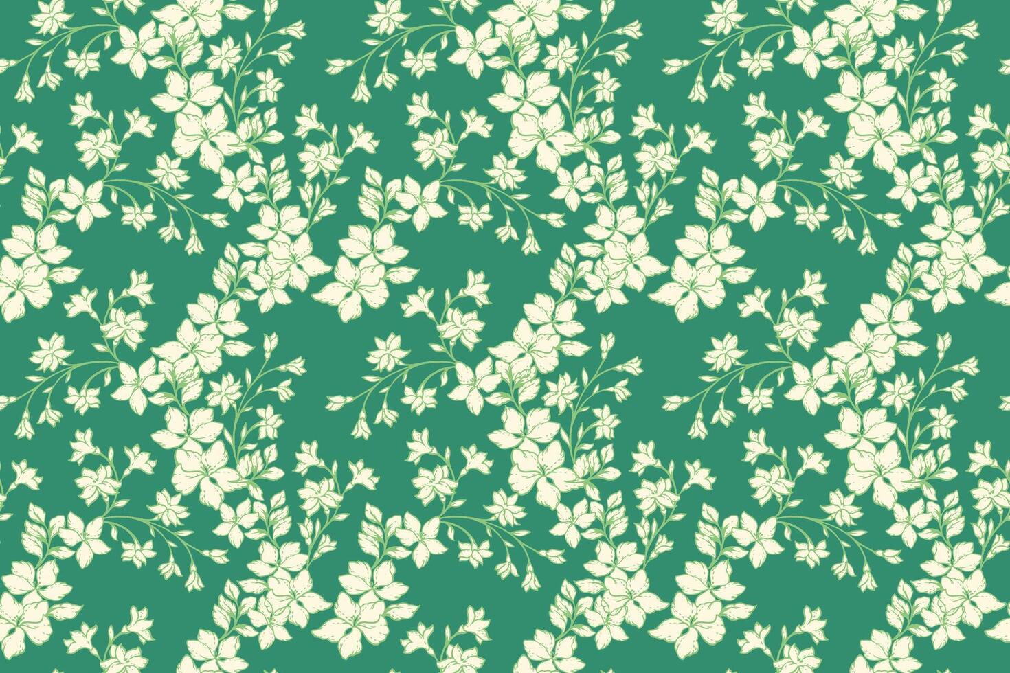 Seamless floral pattern with delicate flowers and thin stems on a green background. Elegant and summer or spring, nature ornament for textiles, wallpapers, invitations, packaging, decor vector