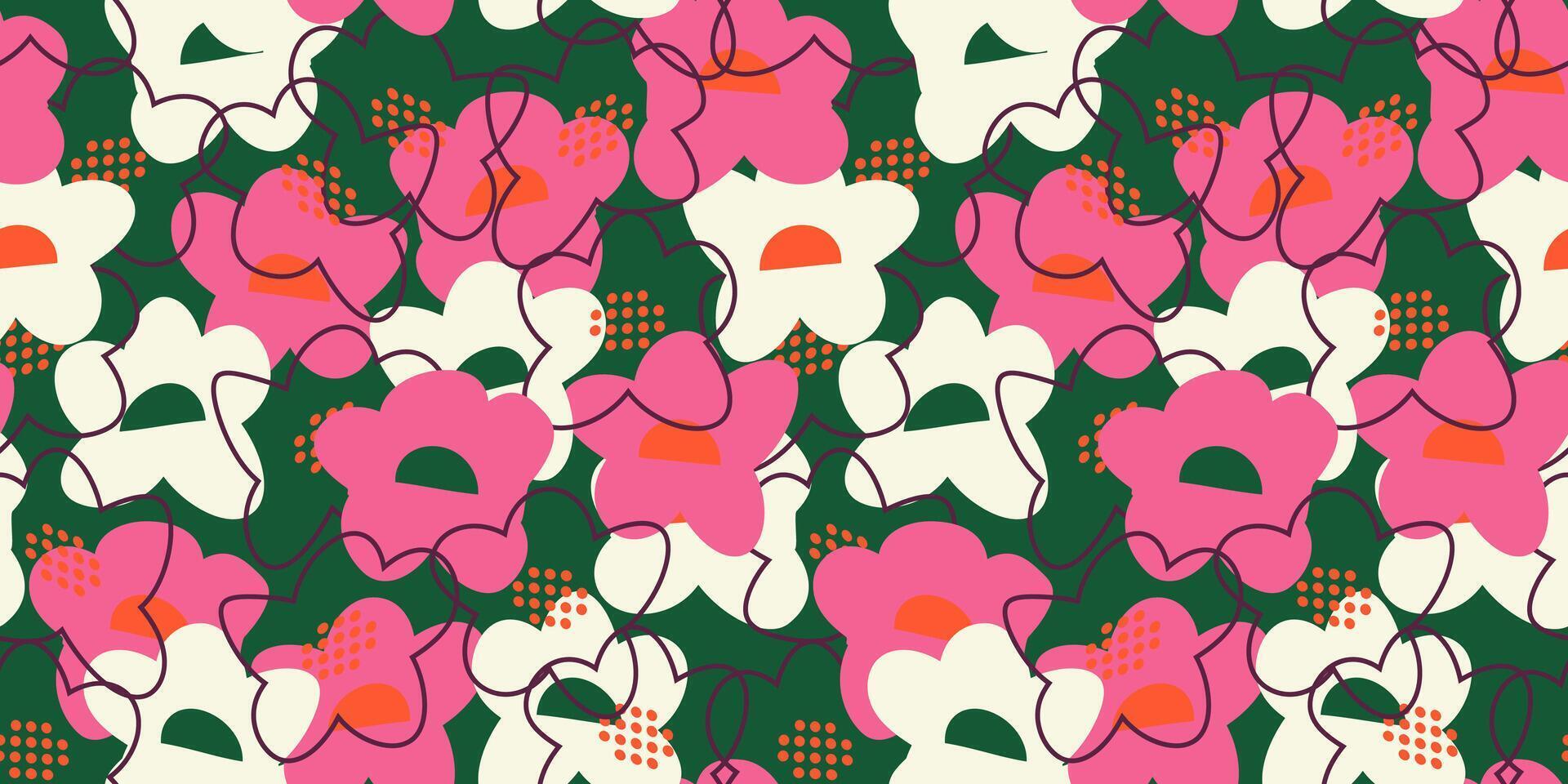 Seamless floral pattern with abstract hand drawn flowers in pink, white, and orange on a dark green background. The playful doodle-style lines create a modern, artistic, and vibrant composition vector