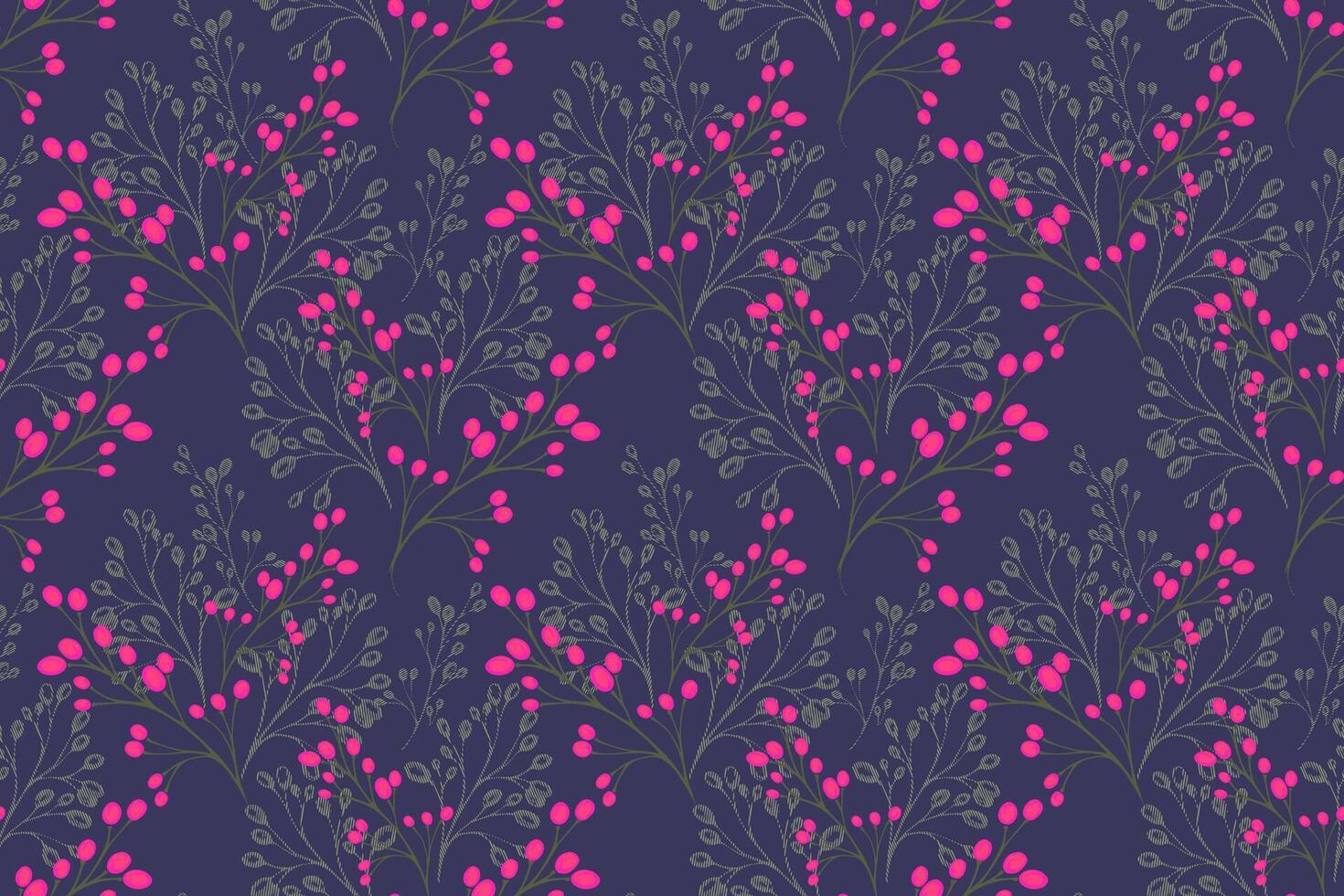 Seamless pattern with delicate botanical branches and pink berries on a deep violet background. Elegant and nature ornament, perfect for textiles, wallpapers, packaging, stationery designs vector