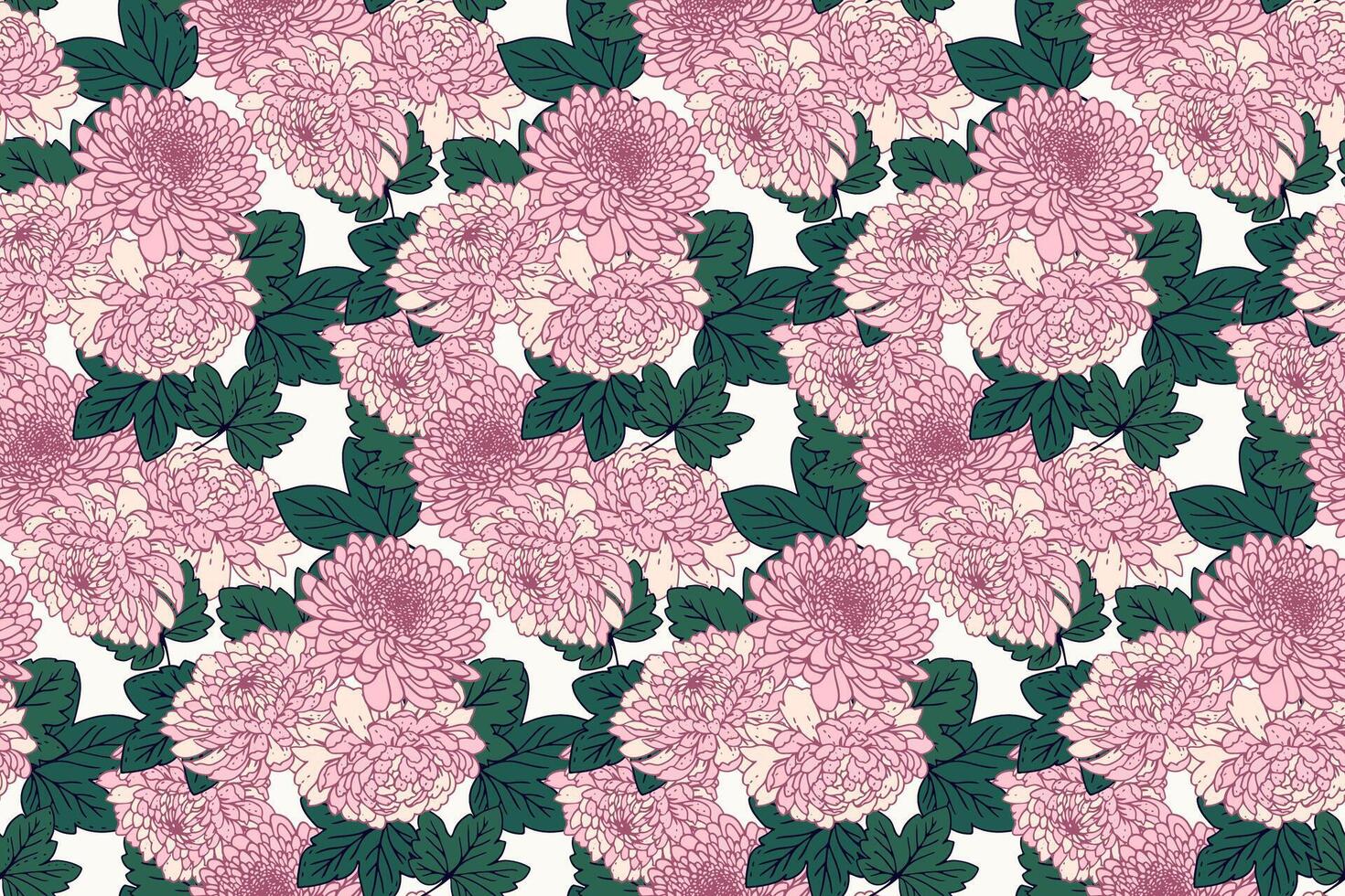 Opulent seamless floral pattern. Blooming pink flowers and green leaves background print. drawn illustration. Nature ornament for designs, fabric, textiles vector