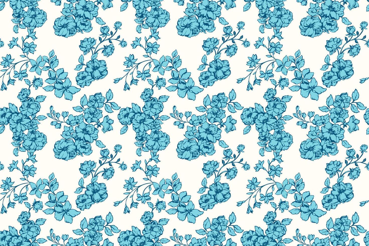 Elegant seamless floral pattern with delicate blue blooming flowers and leaves on a white background. Vintage style botanical design, perfect for textiles, wallpapers, stationery, packaging vector