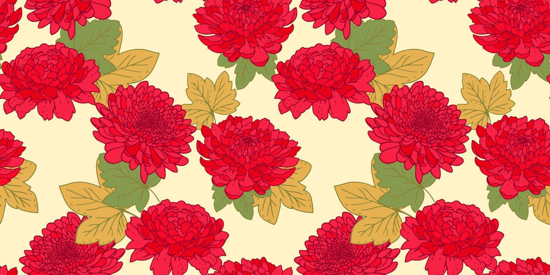 Blooming red floral seamless pattern. Artistic abstract yellow flowers and leaves repeated print. Botanical drawn illustration. Stylized peonies, dahlias, chrysanthemums. Nature ornament vector