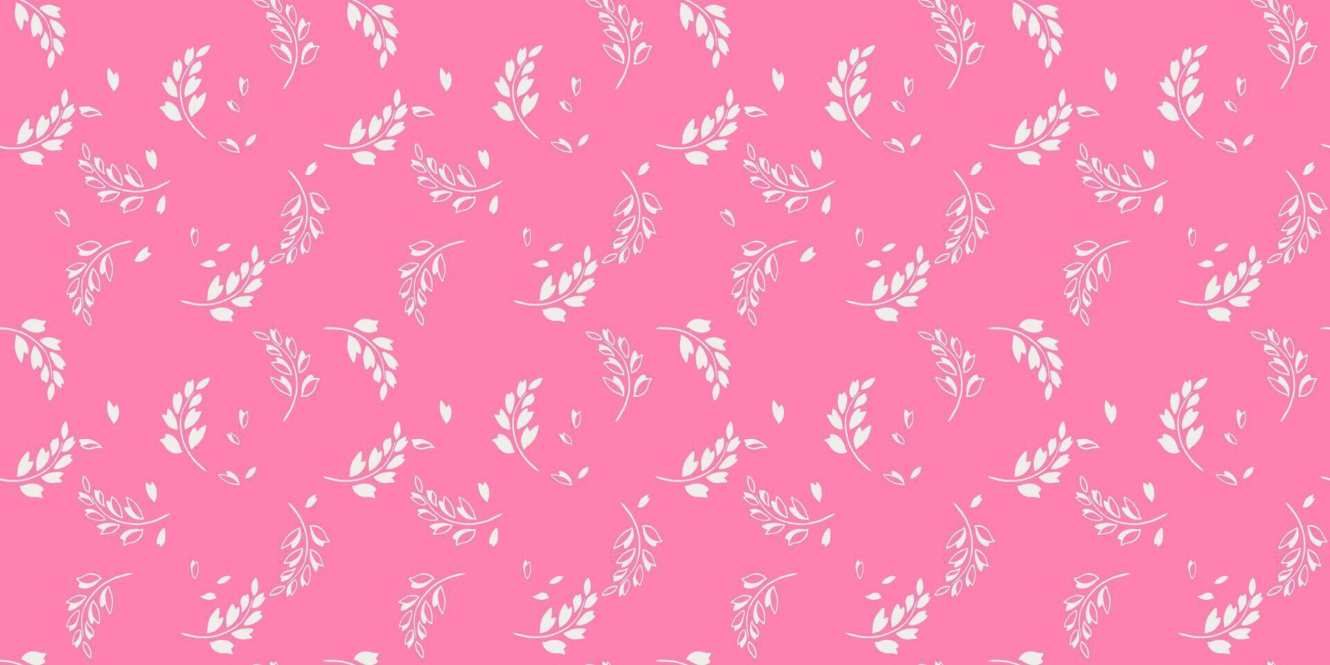 Elegant seamless pattern featuring delicate white botanical branches and scattered leaves on a pink background. Minimalistic and nature inspired, perfect for textiles, wallpapers, stationery vector