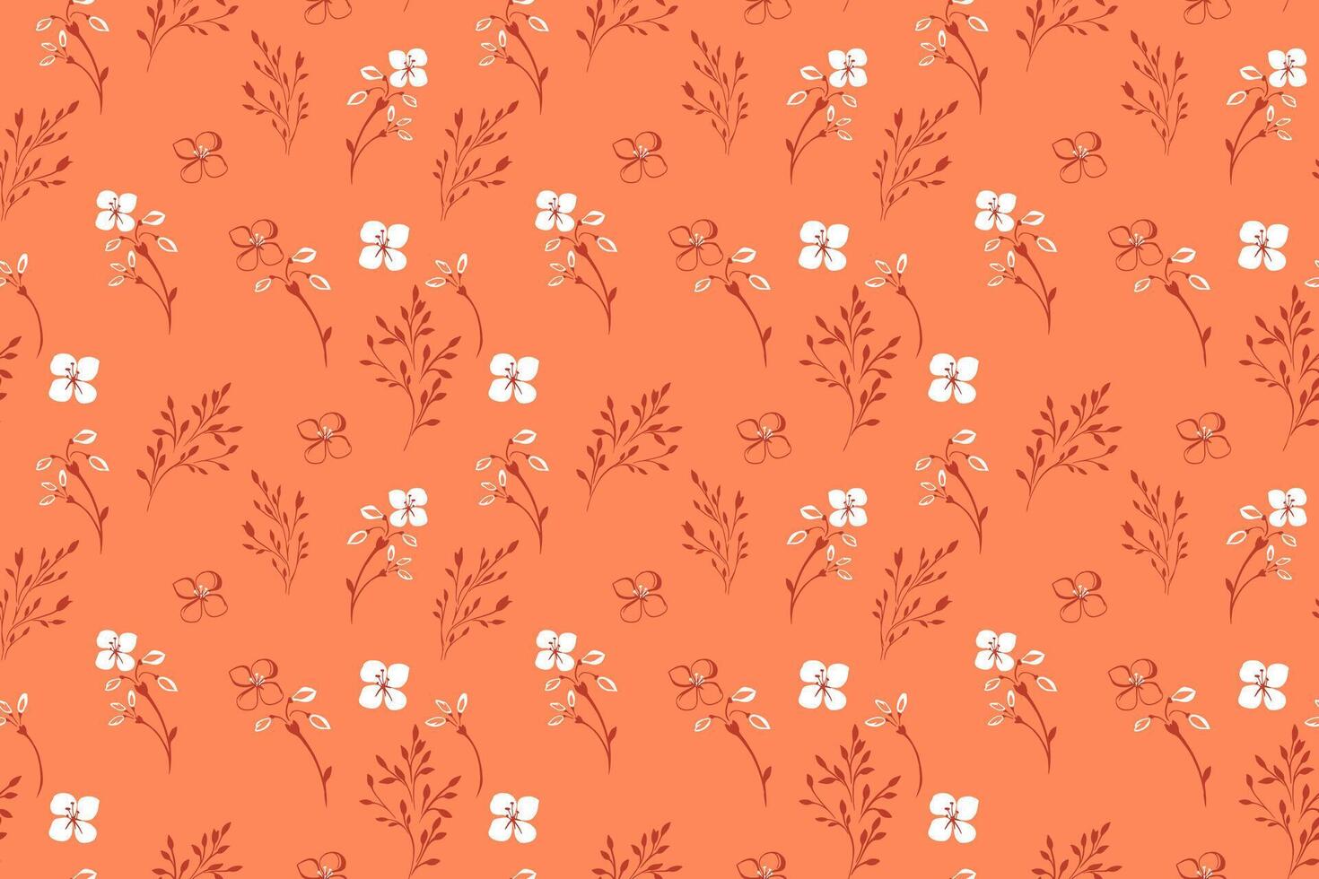 Seamless pattern with delicate tiny flowers branches on a orange background. Minimalist floral design with coral botanical elements. Perfect for textiles, wallpapers, wrapping paper, branding vector