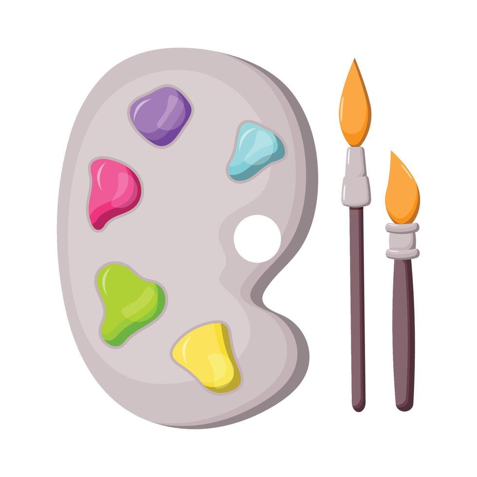 Drawing kit. An artist's palette with five bright colors and two brushes with orange bristles. vector
