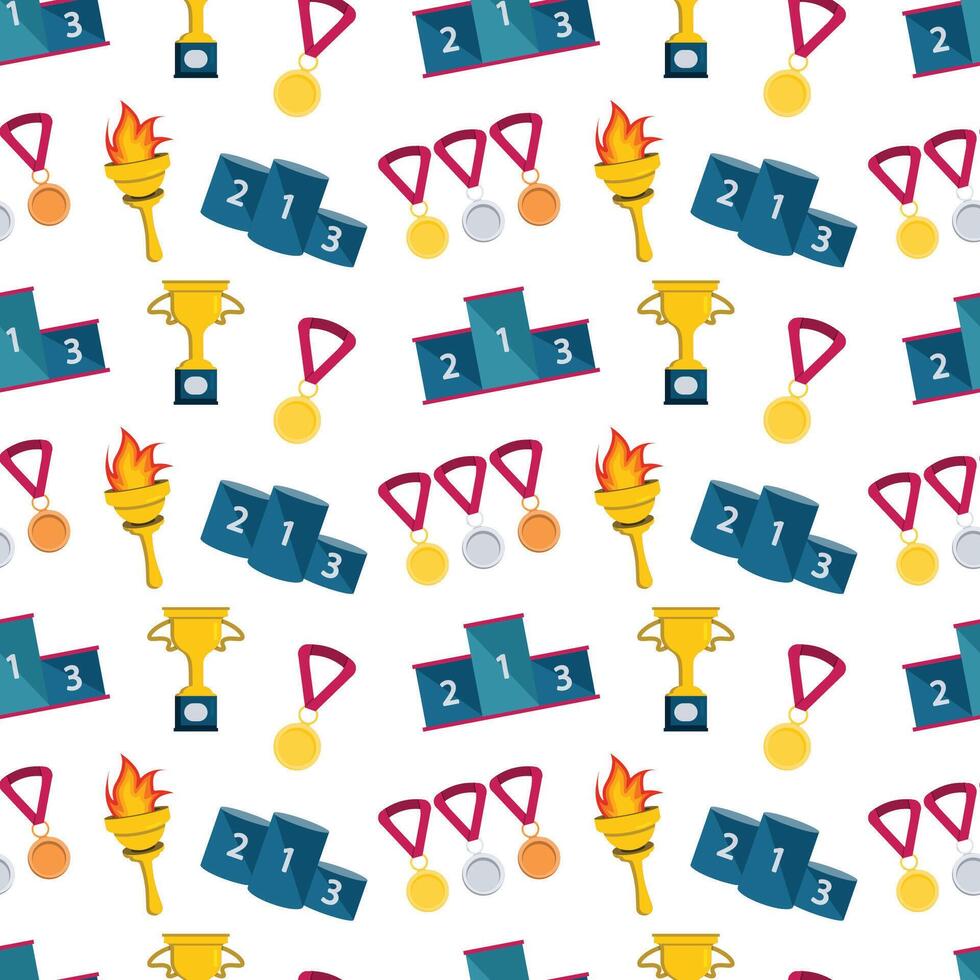 Seamless repeating pattern with various sports motifs on a white background. The steps of the podium for awarding the winners, gold trophies with a black base, torches with flames. vector