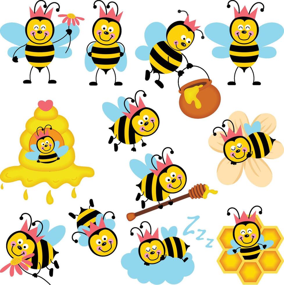 Happy Little Bees Collection with Honey Elements vector