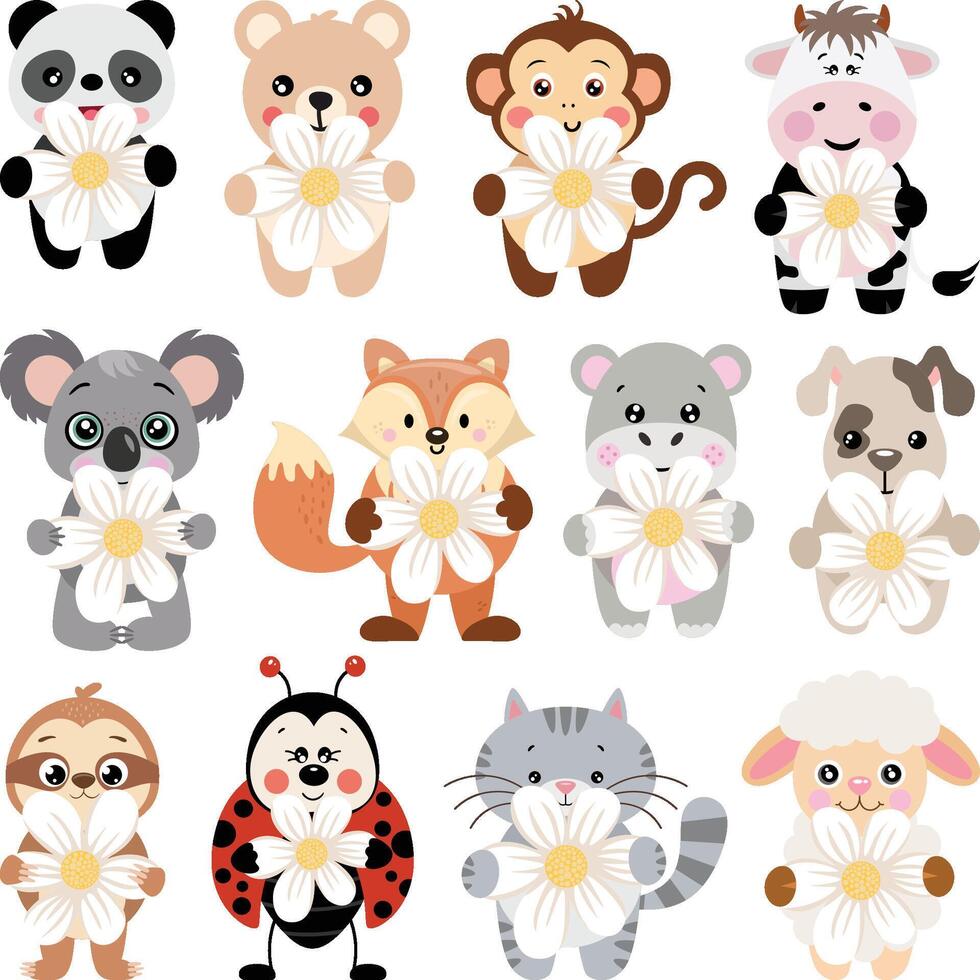 Collection of Cheerful Animals with Daisies vector