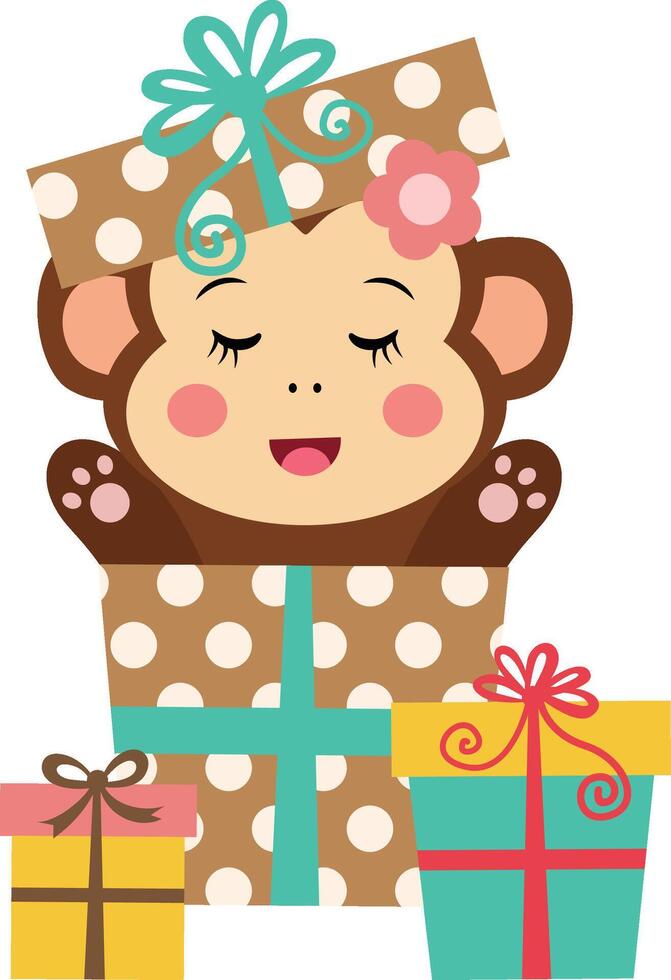 Happy Monkey Popping Out of Present Box vector