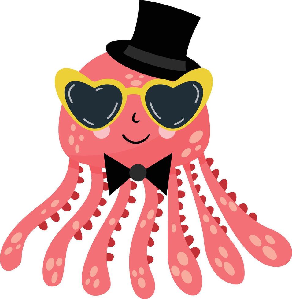 Whimsical Octopus Character Wearing Hat and Sunglasses vector