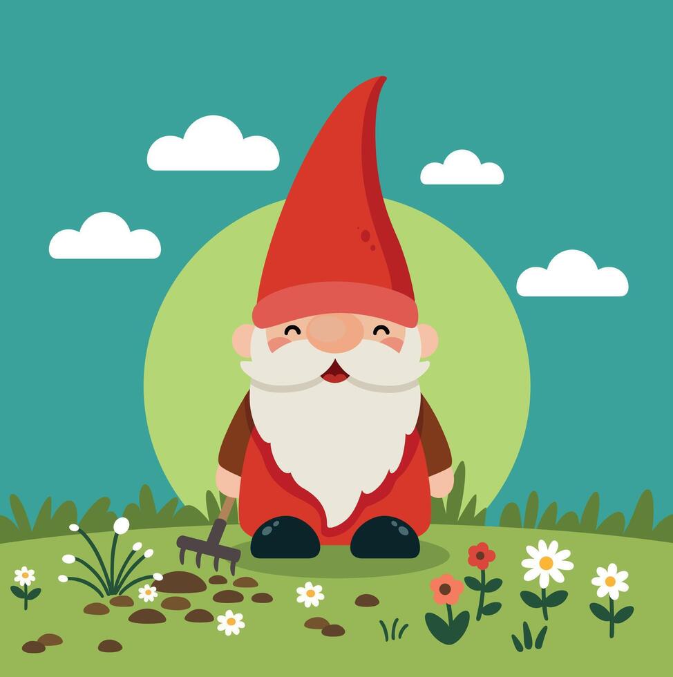 Cute Garden Gnome with White Beard and Hat vector