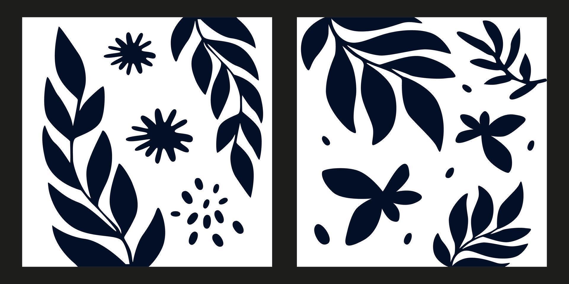 Hand drawn simple black and white abstract floral poster. Boho doodle floral silhouettes. Abstract illustrations for wall decoration, interior, prints, cover, postcard vector