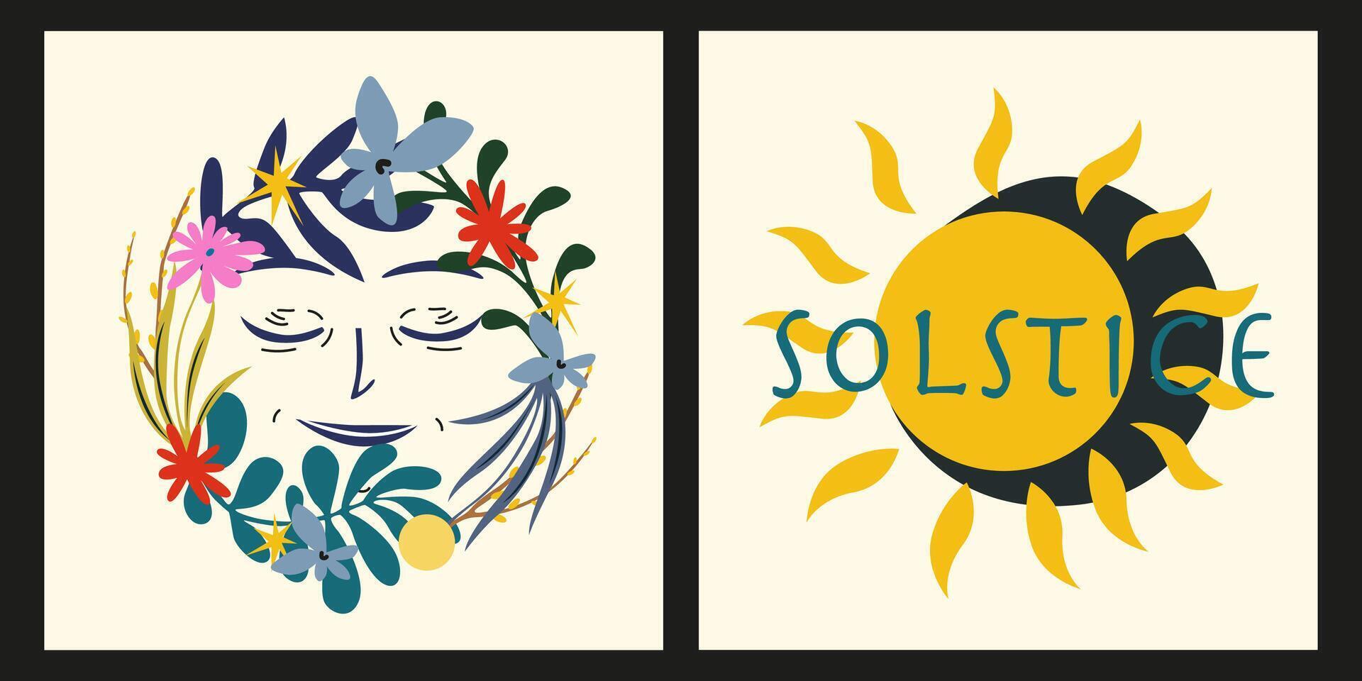 illustration in folk style. Set of Solstice holiday background designs for postcards, posters, wall art vector
