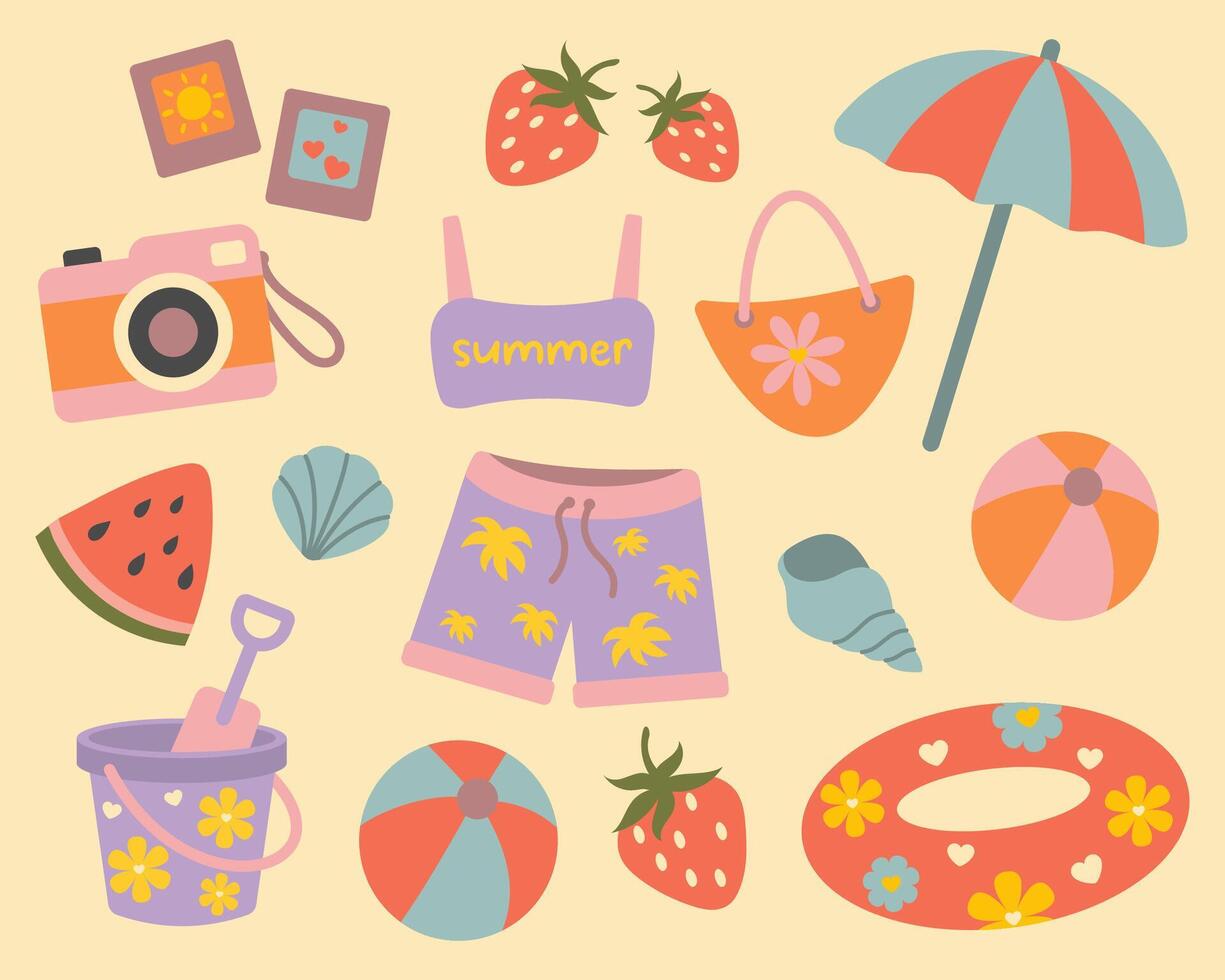 Summer beach vacation elements. Cute flat set with swimsuit, camera, watermelon, shorts, strawberry, toys, umbrella, ball, float, seashells. Fun colorful holiday design for travel and kids. vector