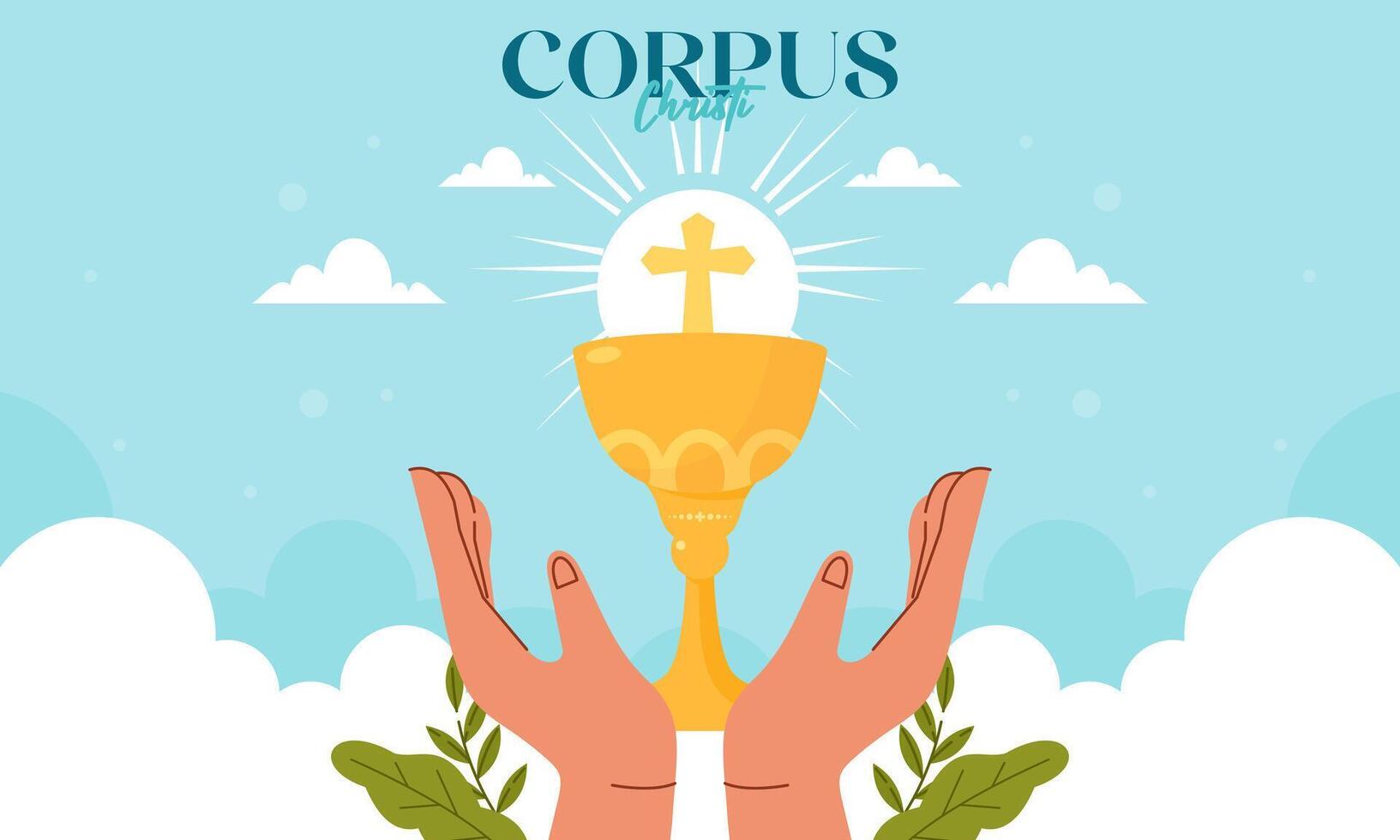 Corpus Christi Celebration Hands holding the Holy Eucharist. Perfect for Banner, Background, Poster, and Religious Event. vector