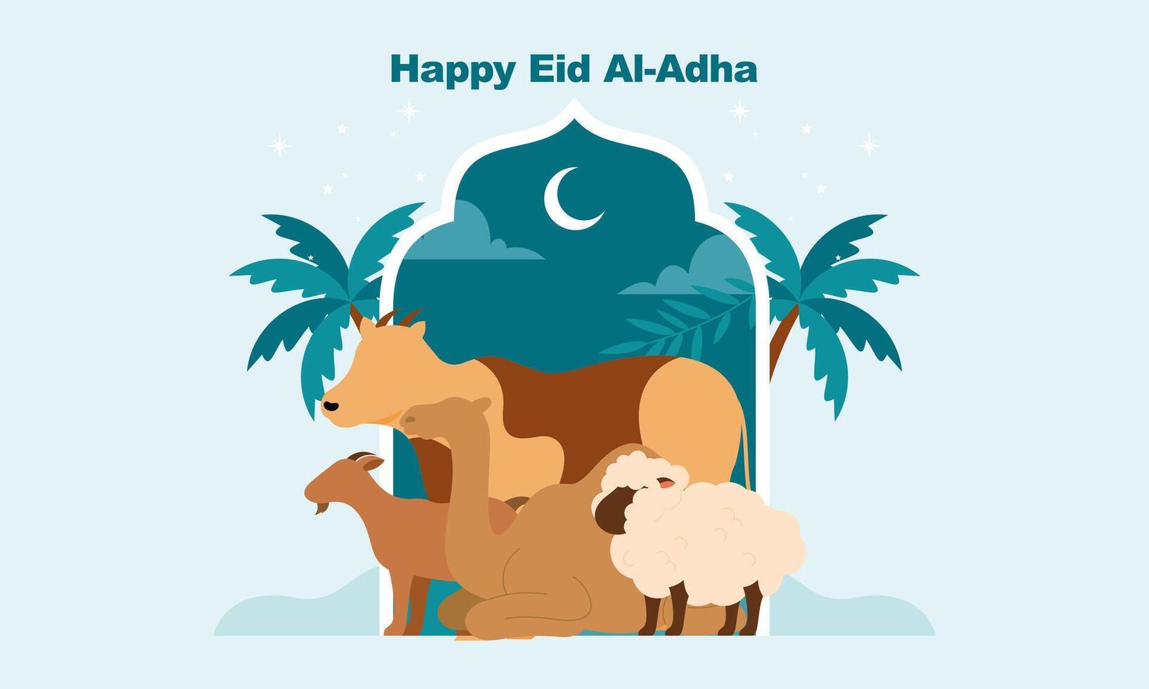 Happy Eid Al Adha Mubarak with Sacrificial Animals Illustration vector