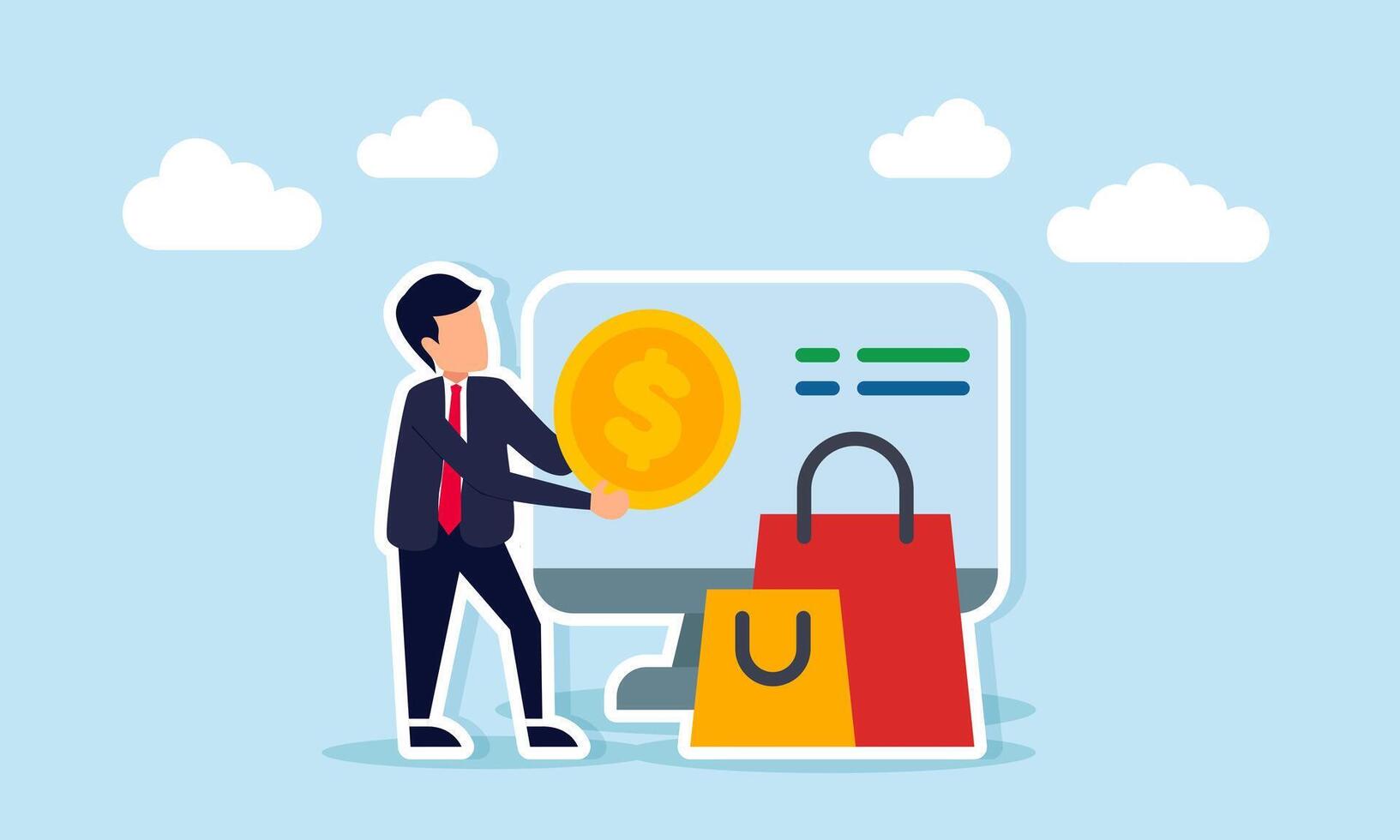 Businessman holding dollar coin beside monitor and shopping bags illustration of effective efficient financial management for business shopping vector