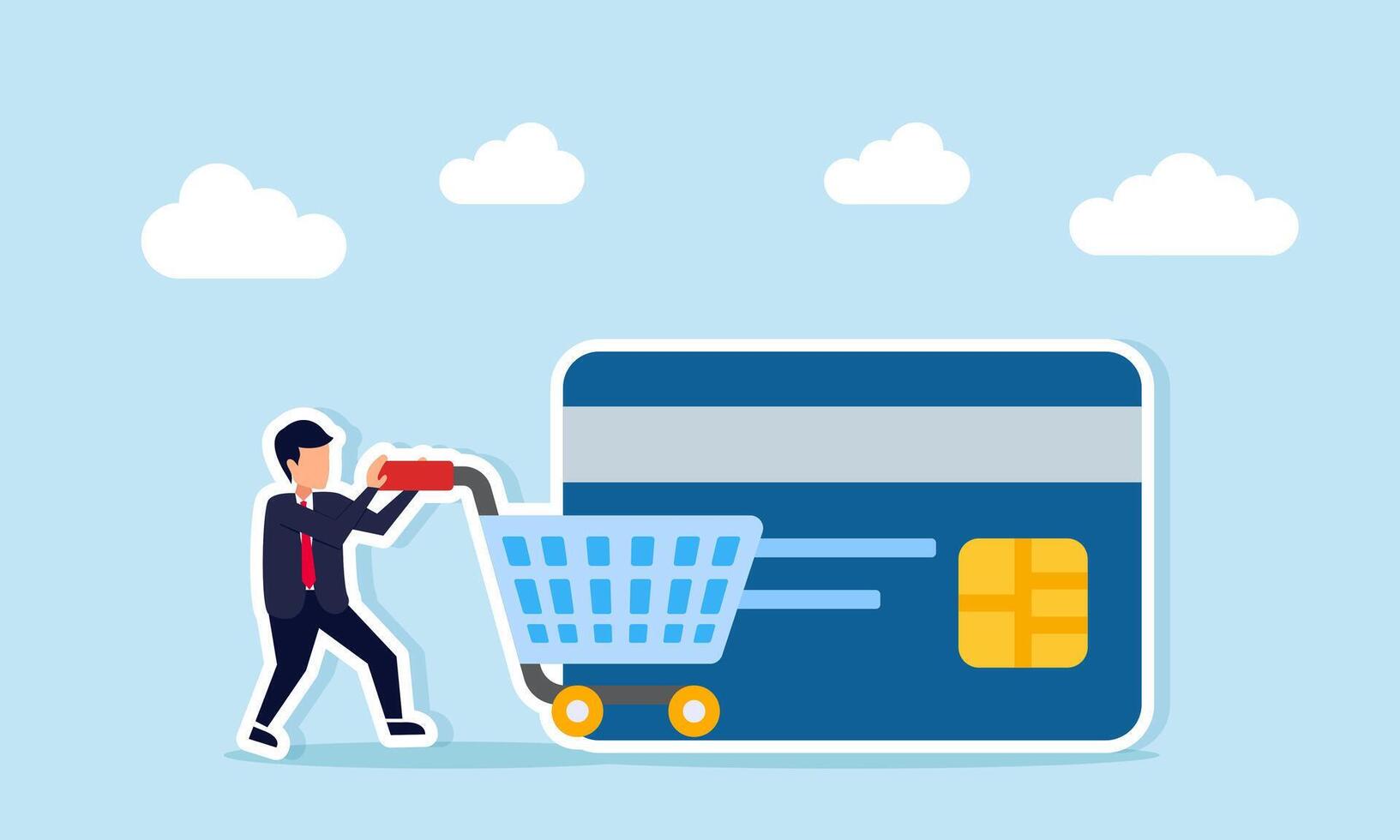 Businessman pushing cart towards credit card illustration symbolizing strong financial foundation supporting business spending needs vector