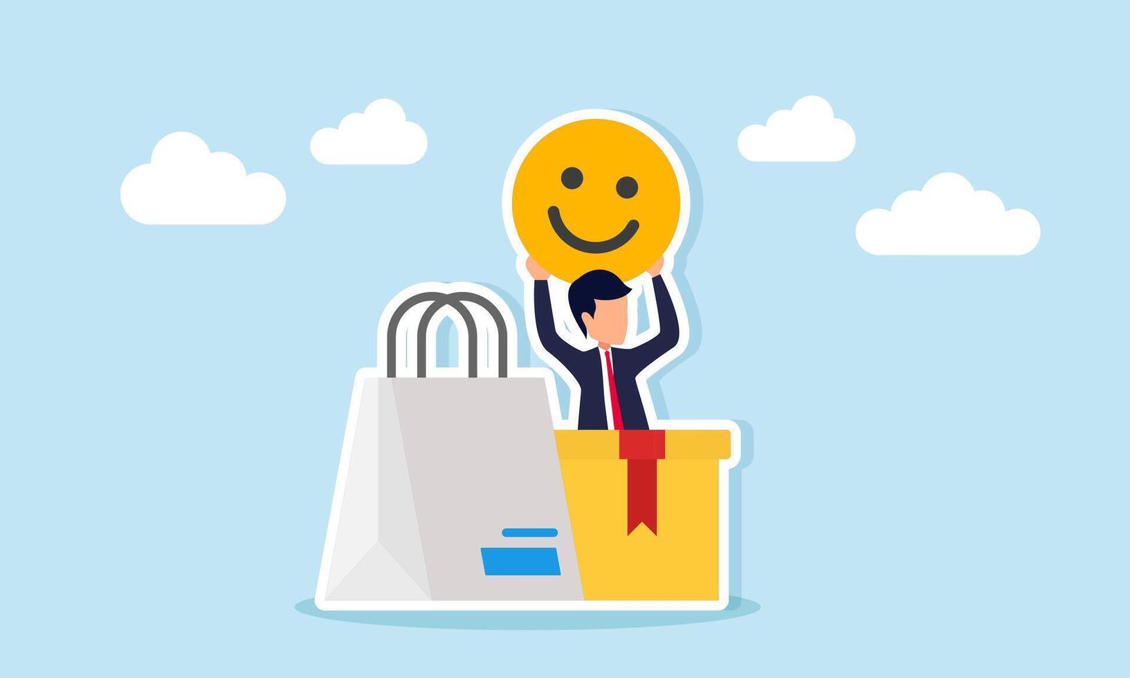 Businessman emerging from package box and shopping bag holding happy emoticon illustrating positive product review in business vector