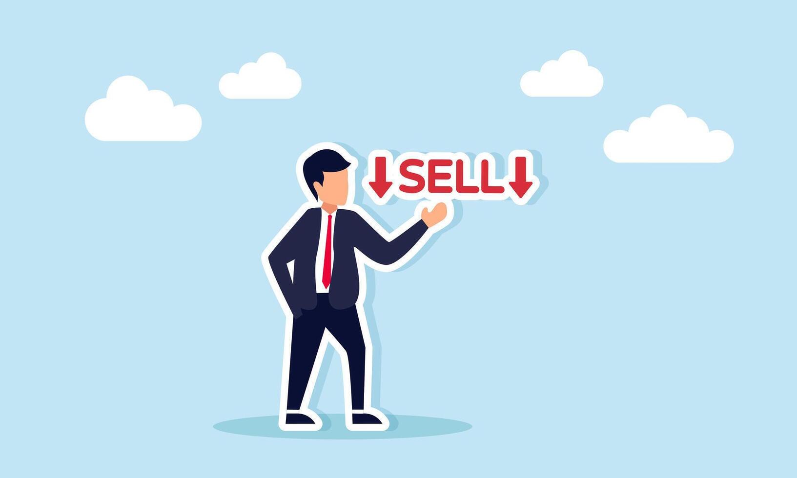 Businessman Showing SELL Text with Downward Red Arrow Illustration of Decreasing Purchasing Power vector