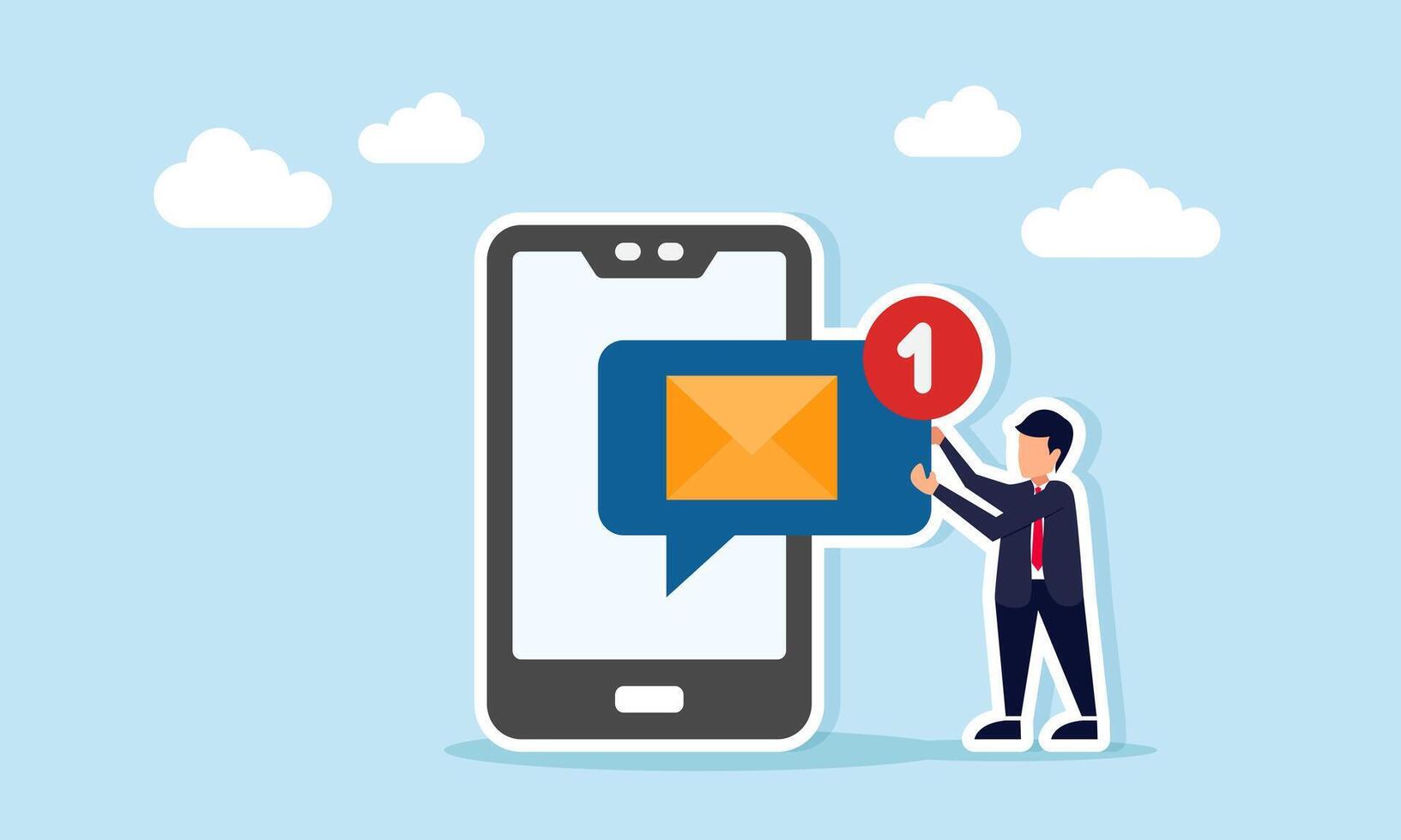 Businessman next to a smartphone holding a chat dialog labeled mail with a new notification, illustration of receiving a business partnership offer email vector