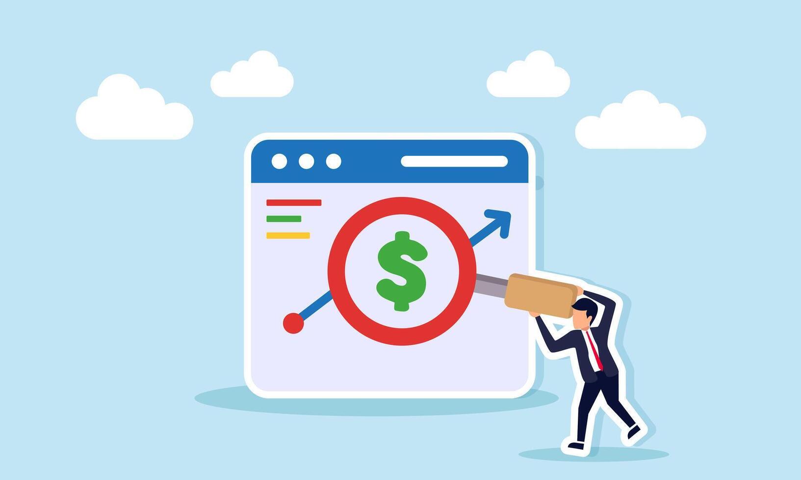 Businessman holding a magnifying glass to examine dollar signs on a graph in an app interface illustration of digital financial business monitoring, evaluation, and analysis vector
