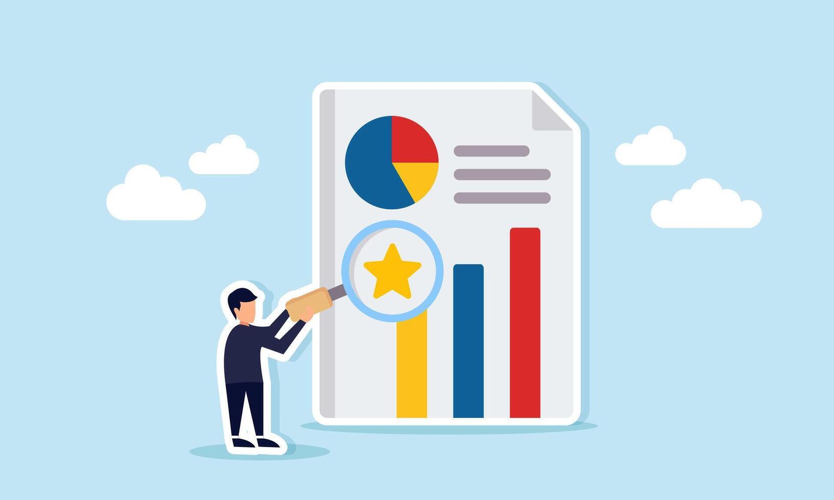 Businessman hold a magnify glass to examine stars on a report paper featur a pie chart and graph, illustration of monitor and analysis related to service and product quality standards vector